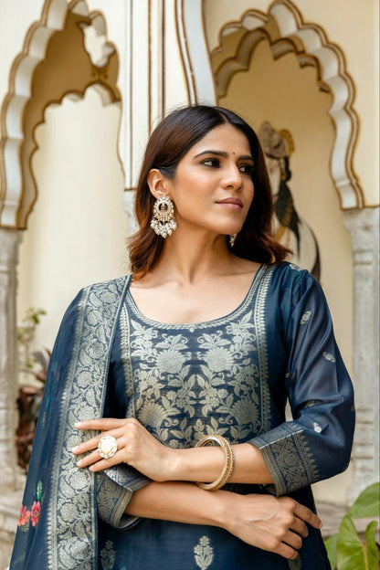 Navy Blue Viscose Chanderi Silk Suit with Zari Weaving and Dupatta Perfect for Festive Wear