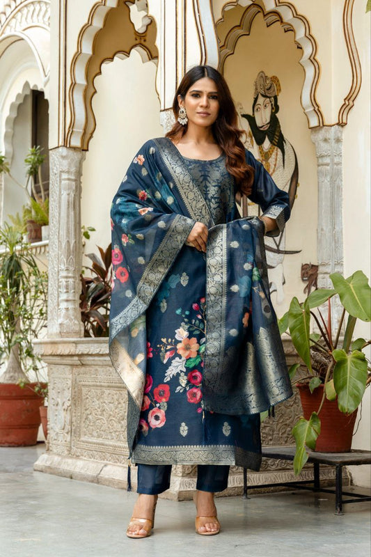 Navy Blue Viscose Chanderi Silk Suit with Zari Weaving and Dupatta Perfect for Festive Wear