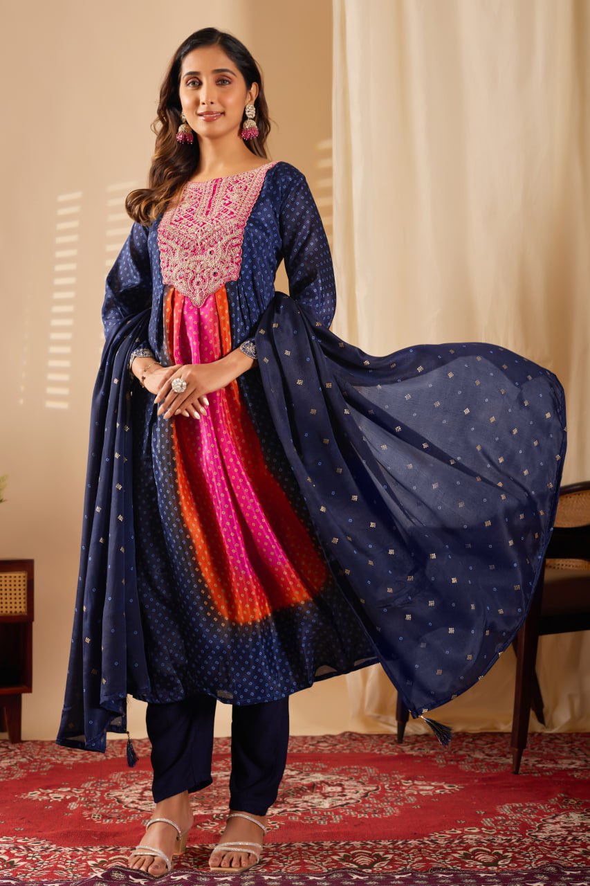 Royal Blue Embroidery Straight Kurta Pant With Dupatta