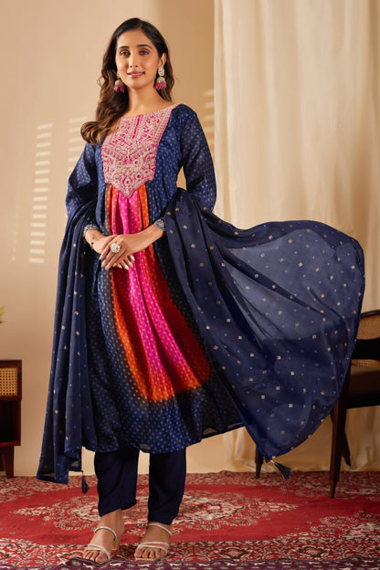 Royal Blue Embroidery Straight Kurta Pant With Dupatta