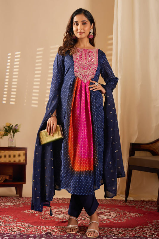 Royal Blue Embroidery Straight Kurta Pant With Dupatta