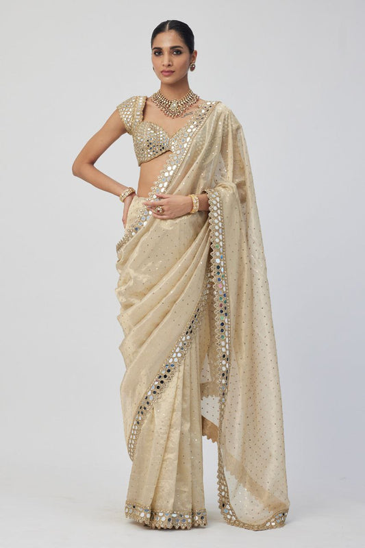 Trendy Cream Organza Saree with 5mm Sequins Embroidery