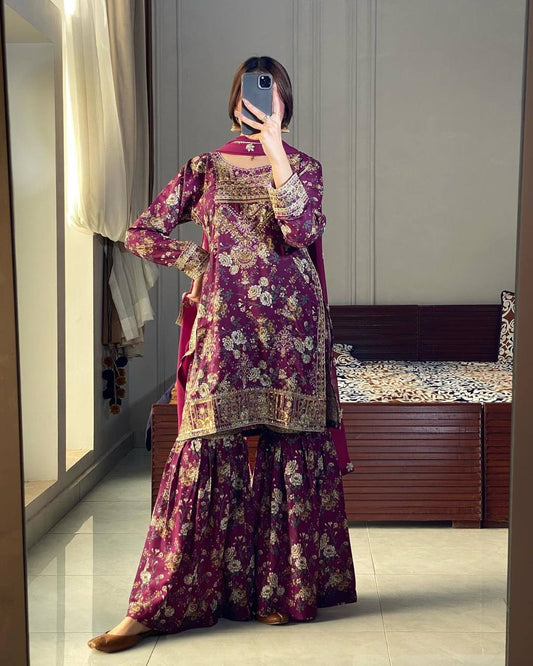 Royal Maroon pure chinon silk With Printed kurti & pant & Dupatta