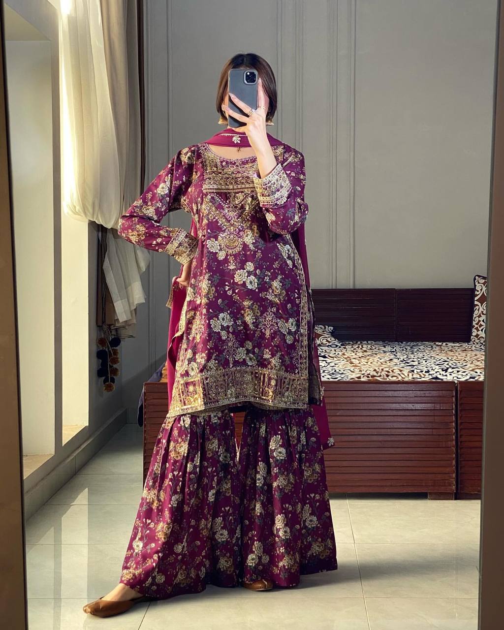 Royal Maroon pure chinon silk With Printed kurti & pant & Dupatta