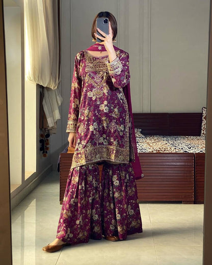 Royal Maroon pure chinon silk With Printed kurti & pant & Dupatta
