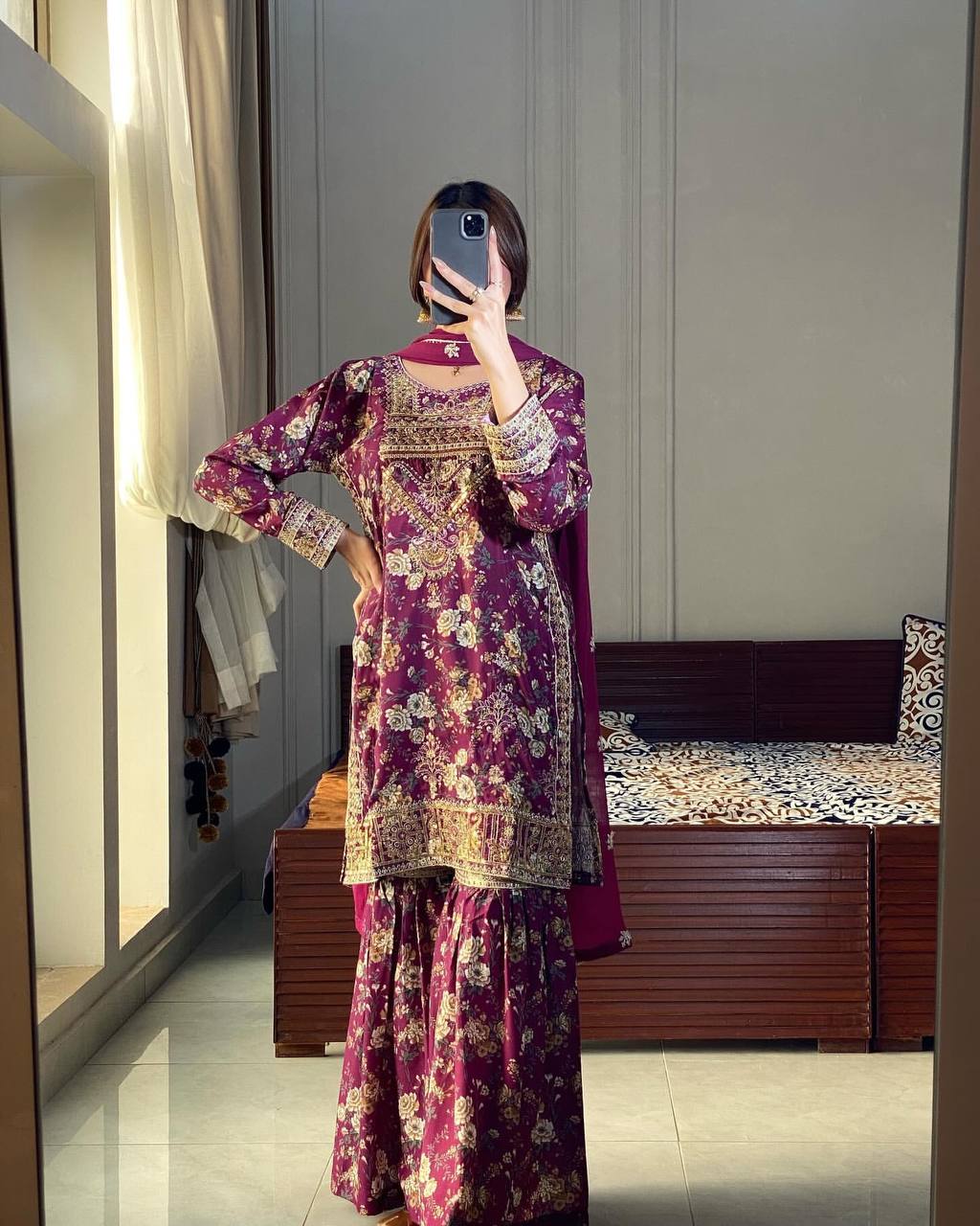Royal Maroon pure chinon silk With Printed kurti & pant & Dupatta