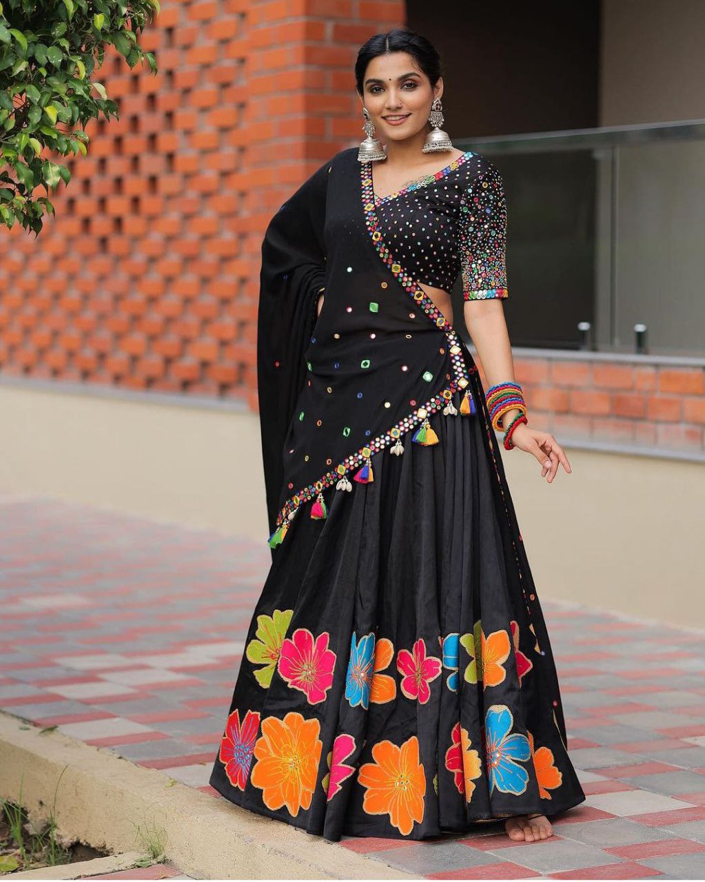 Lehenga Maslin Silk With Digital Print With Real Mirror