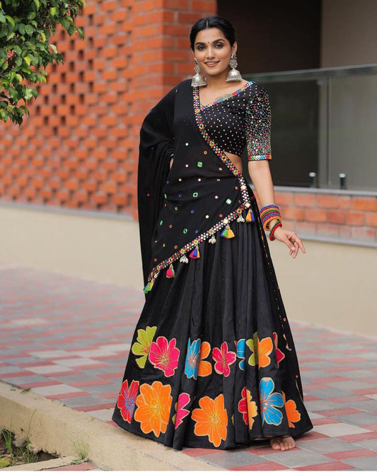 Lehenga Maslin Silk With Digital Print With Real Mirror