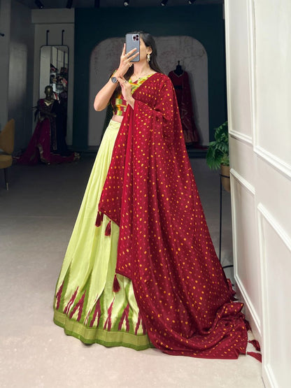 Pista Tasar Silk With Gamthi Work Lehenga Choli