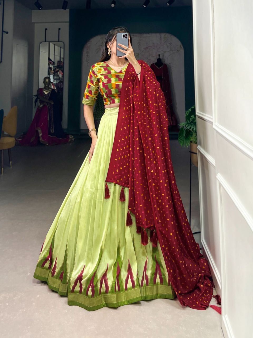 Pista Tasar Silk With Gamthi Work Lehenga Choli
