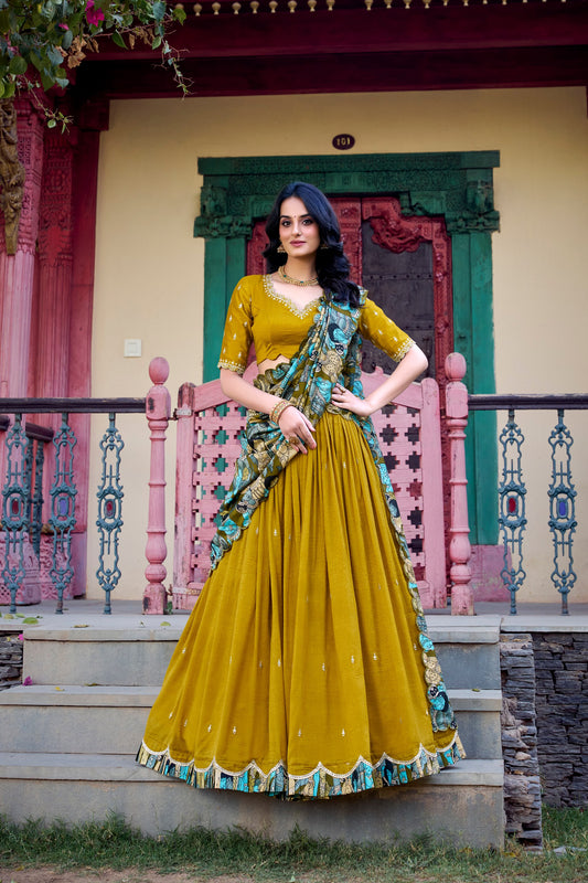 Bright Yellow Vichitra Silk with Heavy Embroidery – Sequins & Thread Work