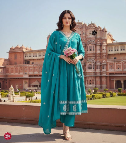 Floral Yoke Design Sequnnied Silk Anarkali Kurta With Trousers & Dupatta