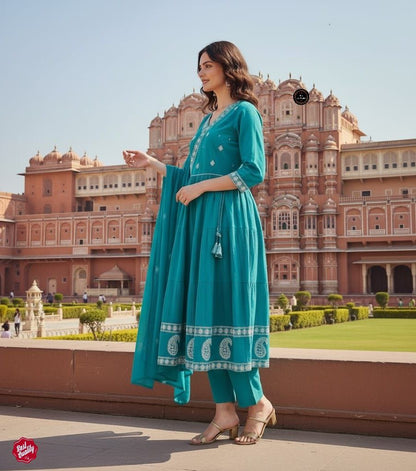 Floral Yoke Design Sequnnied Silk Anarkali Kurta With Trousers & Dupatta