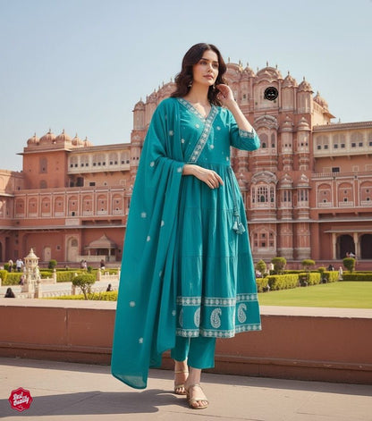 Floral Yoke Design Sequnnied Silk Anarkali Kurta With Trousers & Dupatta