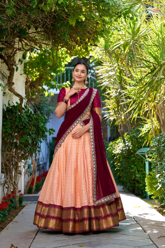 Traditional Peach Red Zari Chex Fabric – Perfect for Draping