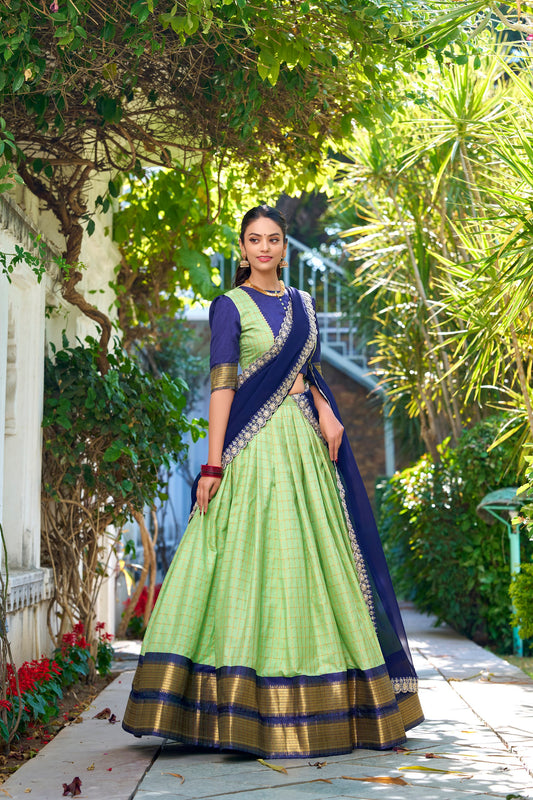 Blue & Green Zari Chex Fabric with Elegant Zari Weaving Work