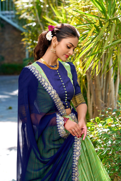 Blue & Green Zari Chex Fabric with Elegant Zari Weaving Work