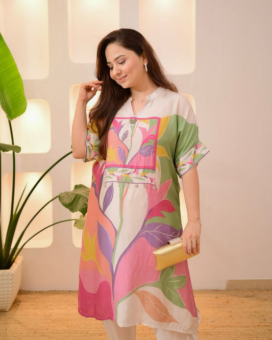 Ivory Multi Bloom Handwork Dhoti Co-ord