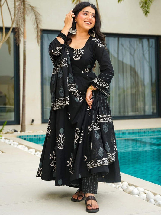 Royal Black Rayon Printed Kurti Pant Dupatta