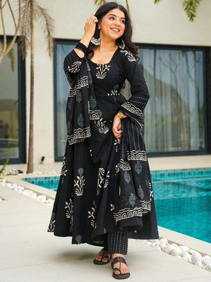 Royal Black Rayon Printed Kurti Pant Dupatta