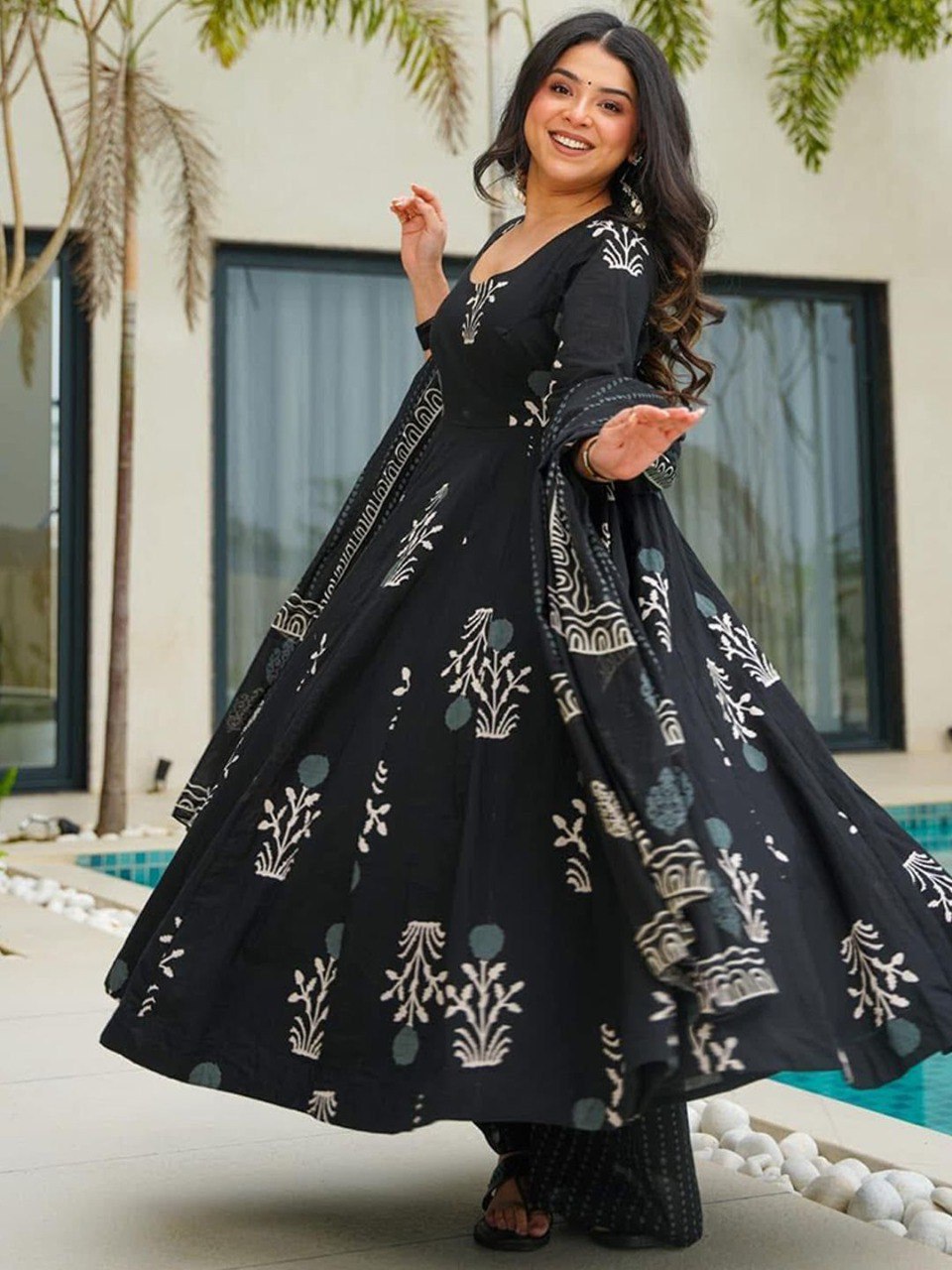 Royal Black Rayon Printed Kurti Pant Dupatta