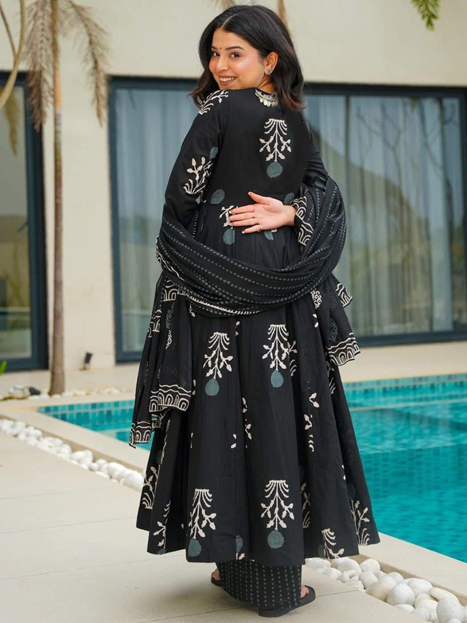 Royal Black Rayon Printed Kurti Pant Dupatta