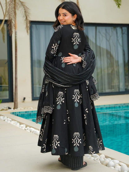 Royal Black Rayon Printed Kurti Pant Dupatta