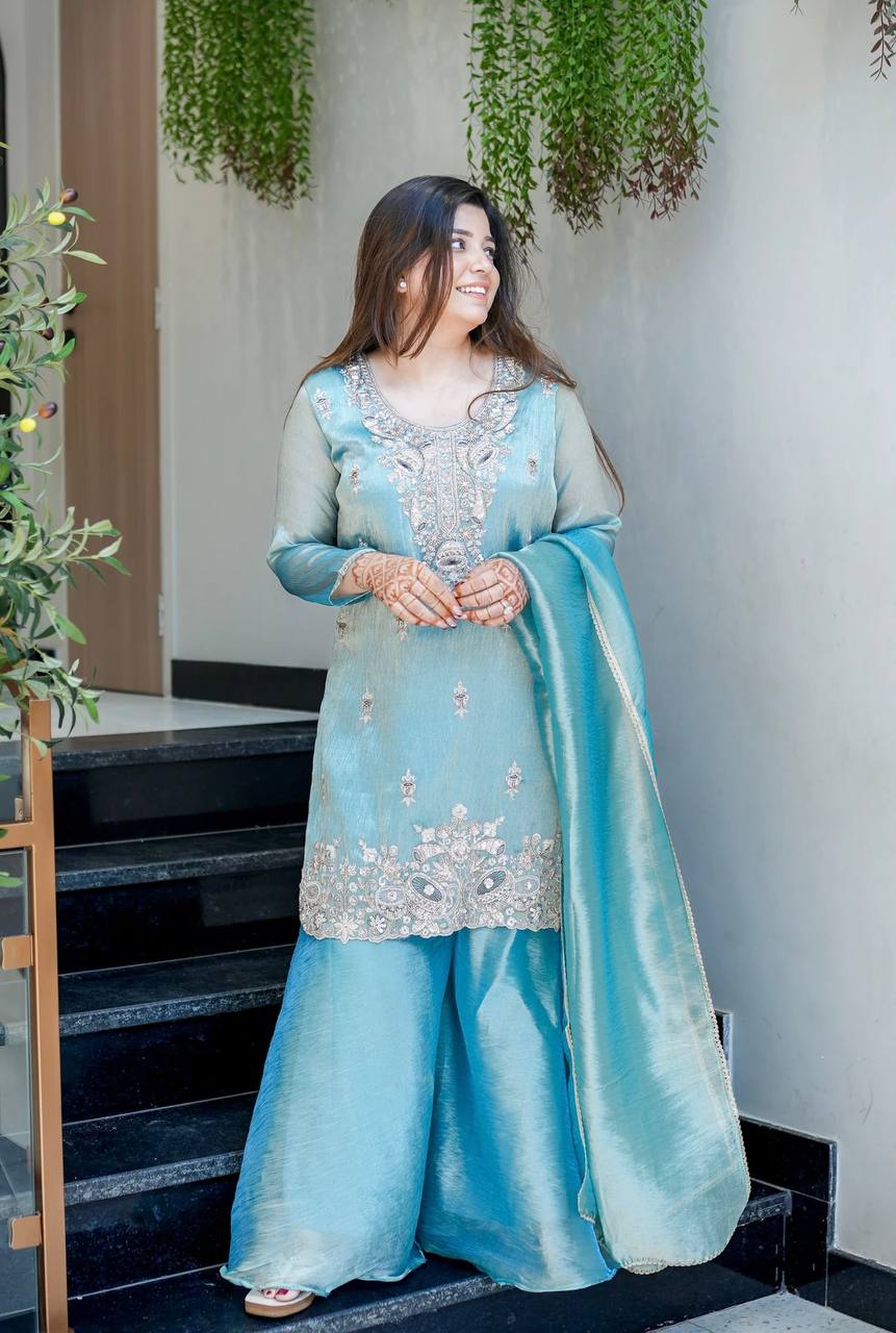 Icy Blue Embroidered Jimmy Choo Silk Suit with Flared Palazzo for Party Wear Ready