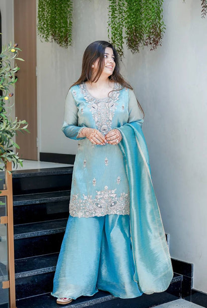 Icy Blue Embroidered Jimmy Choo Silk Suit with Flared Palazzo for Party Wear Ready
