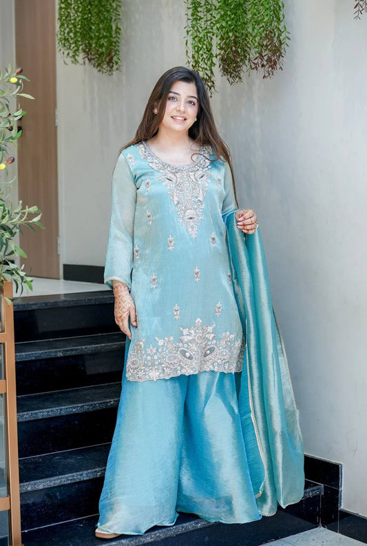 Icy Blue Embroidered Jimmy Choo Silk Suit with Flared Palazzo for Party Wear Ready