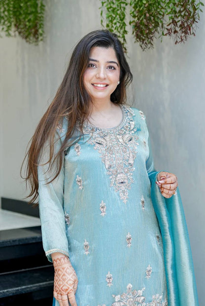 Icy Blue Embroidered Jimmy Choo Silk Suit with Flared Palazzo for Party Wear Ready
