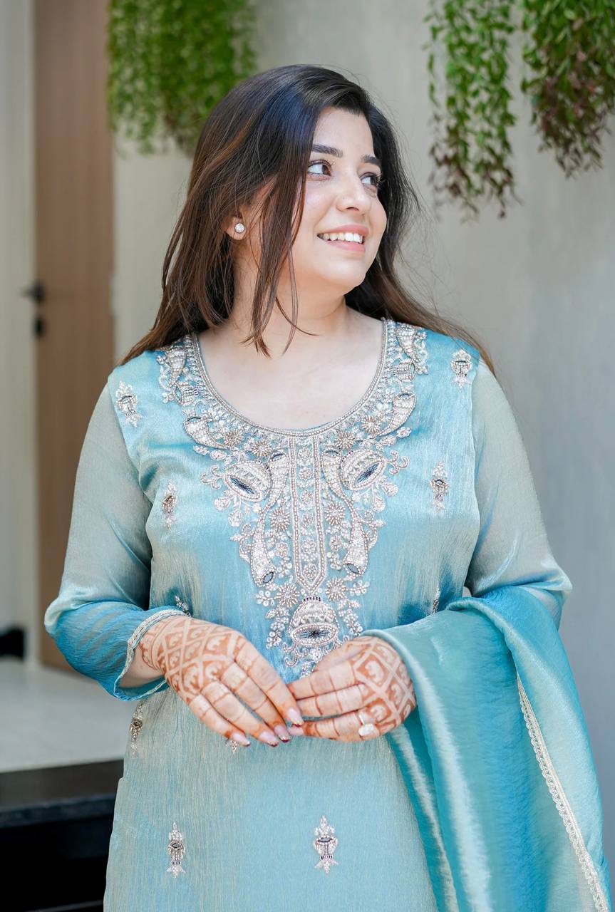 Icy Blue Embroidered Jimmy Choo Silk Suit with Flared Palazzo for Part –  fabvivera