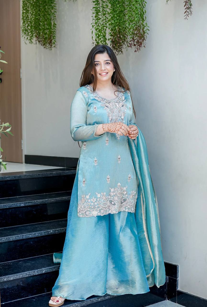 Icy Blue Embroidered Jimmy Choo Silk Suit with Flared Palazzo for Party Wear Ready
