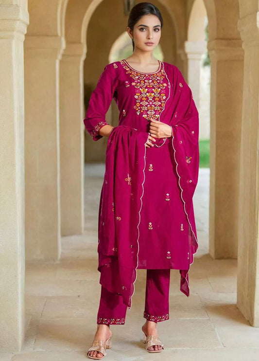 dark pink heavy roman embrodery work kurti set