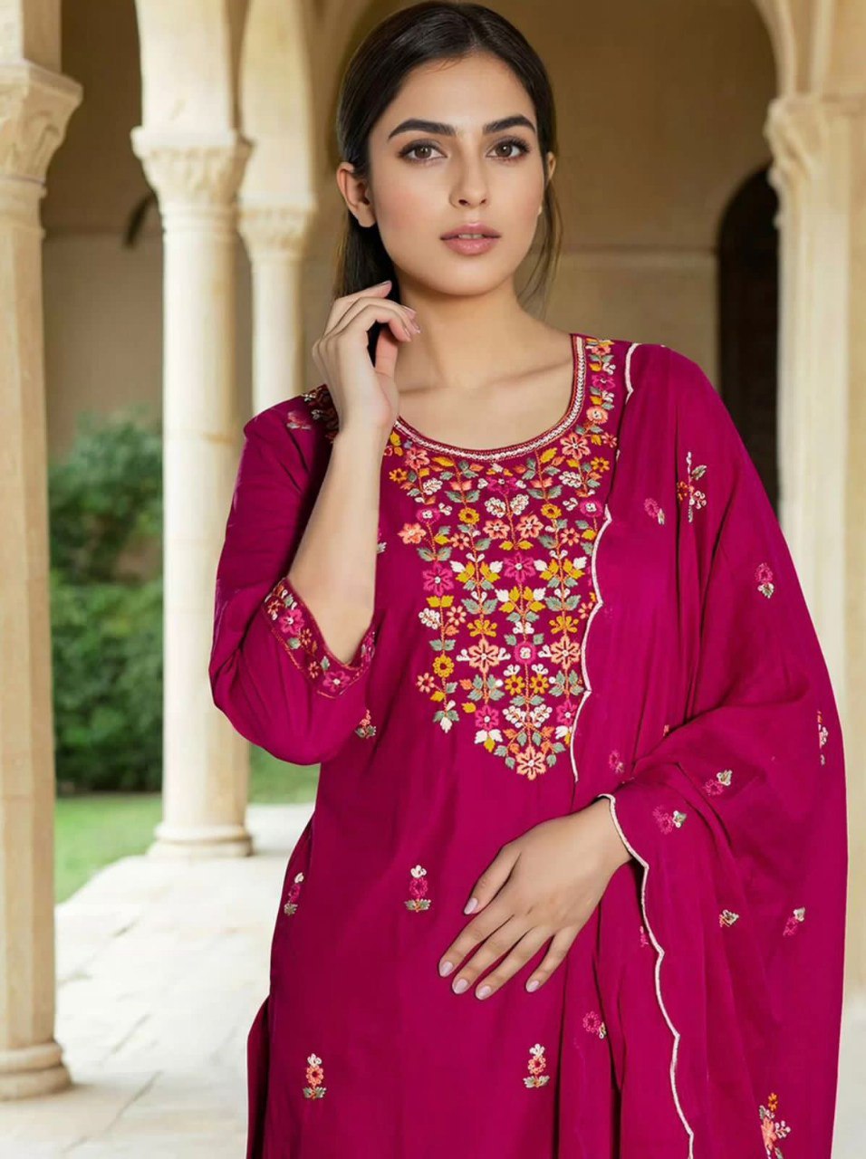 dark pink heavy roman embrodery work kurti set