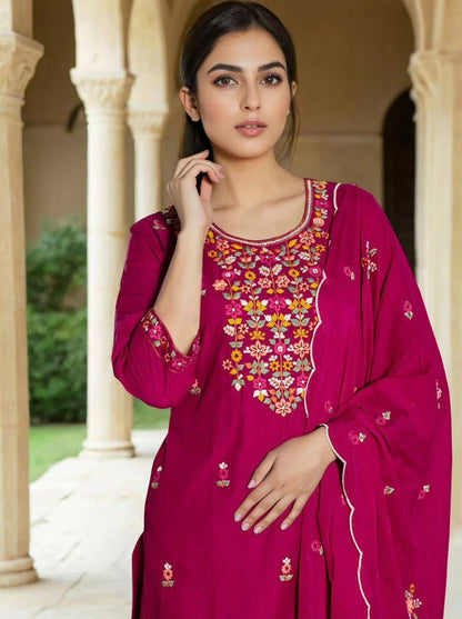 dark pink heavy roman embrodery work kurti set
