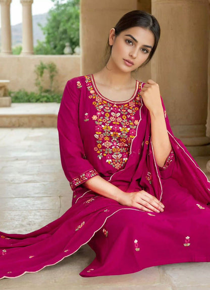 dark pink heavy roman embrodery work kurti set