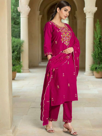 dark pink heavy roman embrodery work kurti set