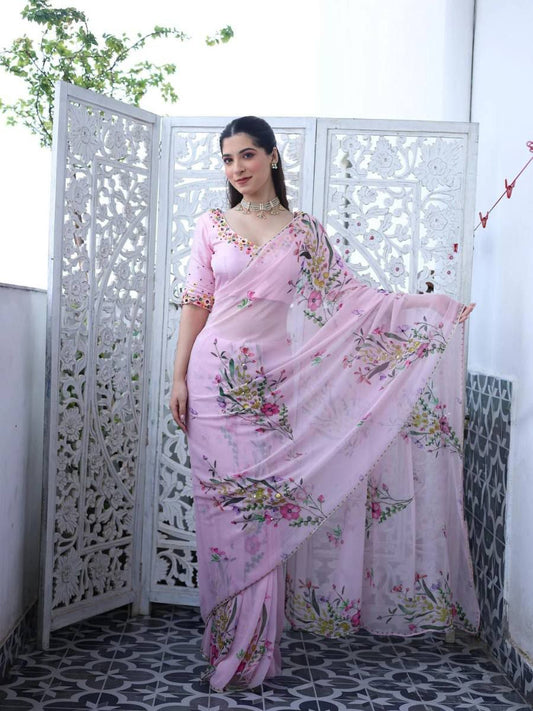 RICH CELEBRITY STYLE HANDWORK SOFT TABI FLOWER PRINT ORGANZA SAREE