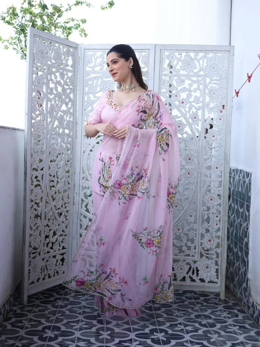 RICH CELEBRITY STYLE HANDWORK SOFT TABI FLOWER PRINT ORGANZA SAREE