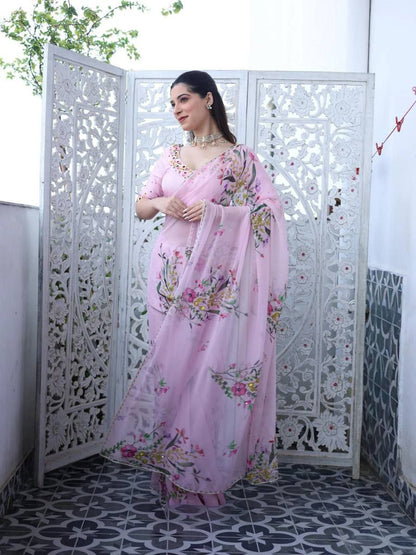 RICH CELEBRITY STYLE HANDWORK SOFT TABI FLOWER PRINT ORGANZA SAREE