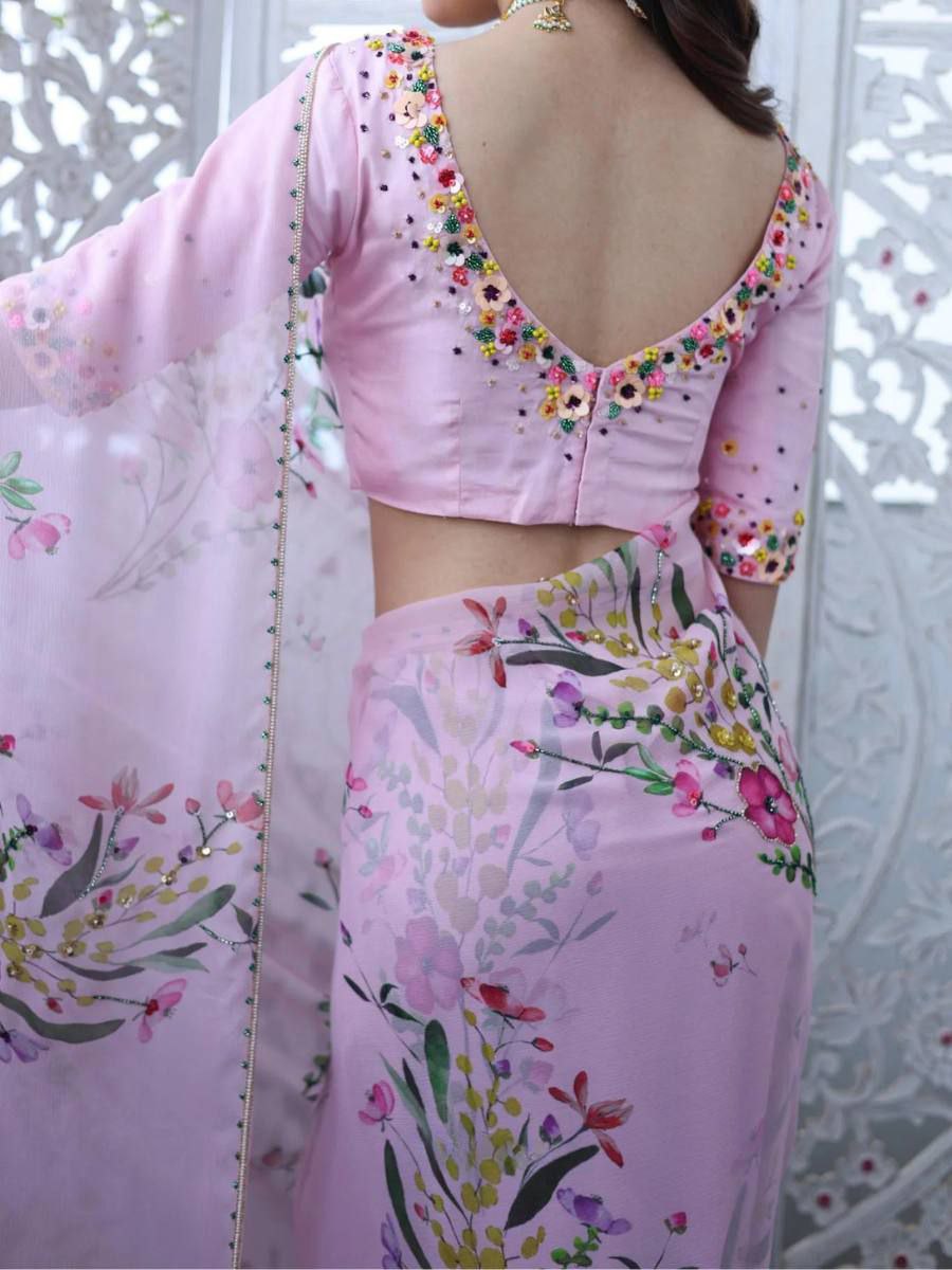 RICH CELEBRITY STYLE HANDWORK SOFT TABI FLOWER PRINT ORGANZA SAREE