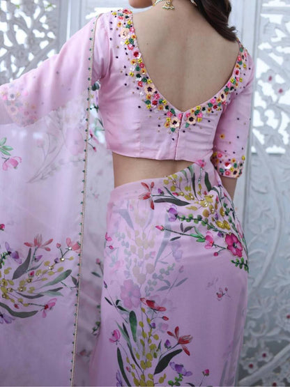 RICH CELEBRITY STYLE HANDWORK SOFT TABI FLOWER PRINT ORGANZA SAREE