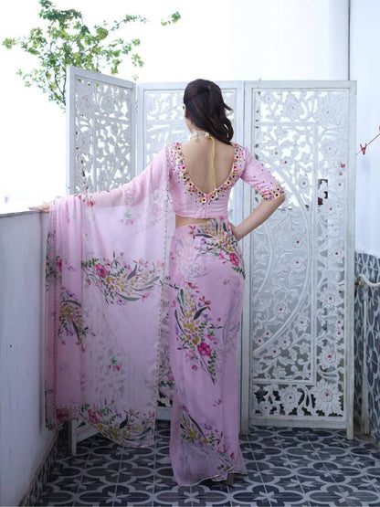 RICH CELEBRITY STYLE HANDWORK SOFT TABI FLOWER PRINT ORGANZA SAREE