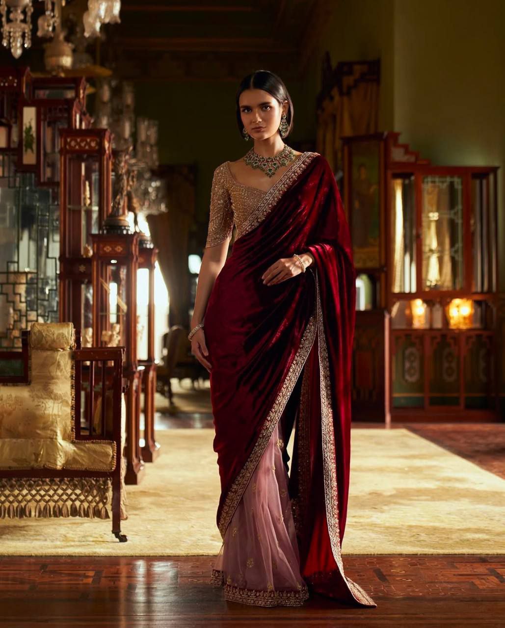 Royal Red Soft Net Embroidered Work Velvet Saree