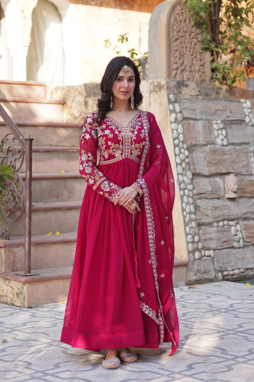 Red Color Blooming Fabric with Embroidery Work Gown Set