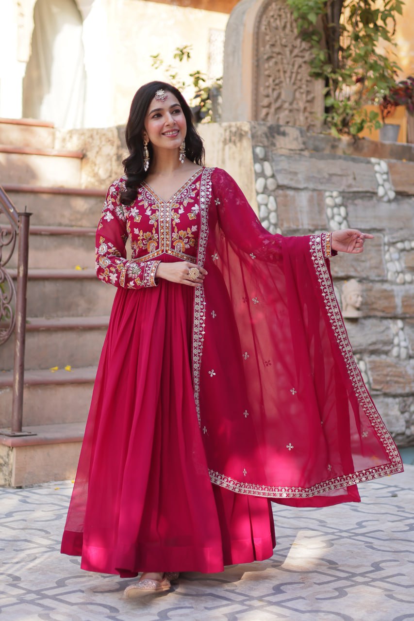 Red Color Blooming Fabric with Embroidery Work Gown Set