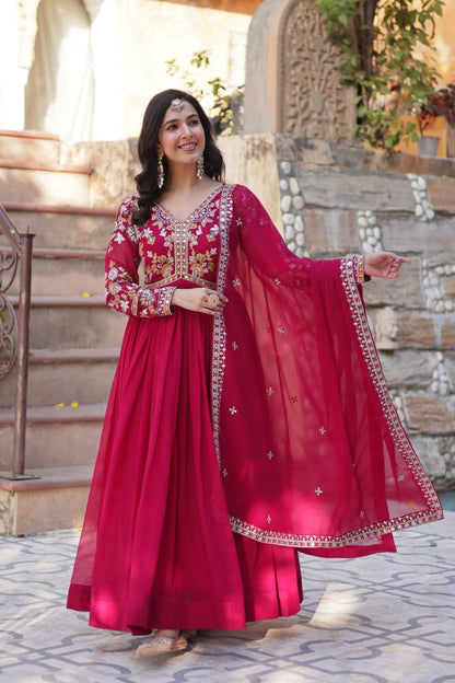 Red Color Blooming Fabric with Embroidery Work Gown Set