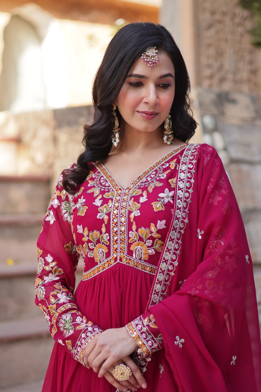 Red Color Blooming Fabric with Embroidery Work Gown Set