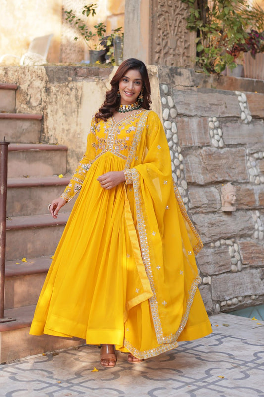 Yellow Color Blooming Fabric with Embroidery Work Gown Set